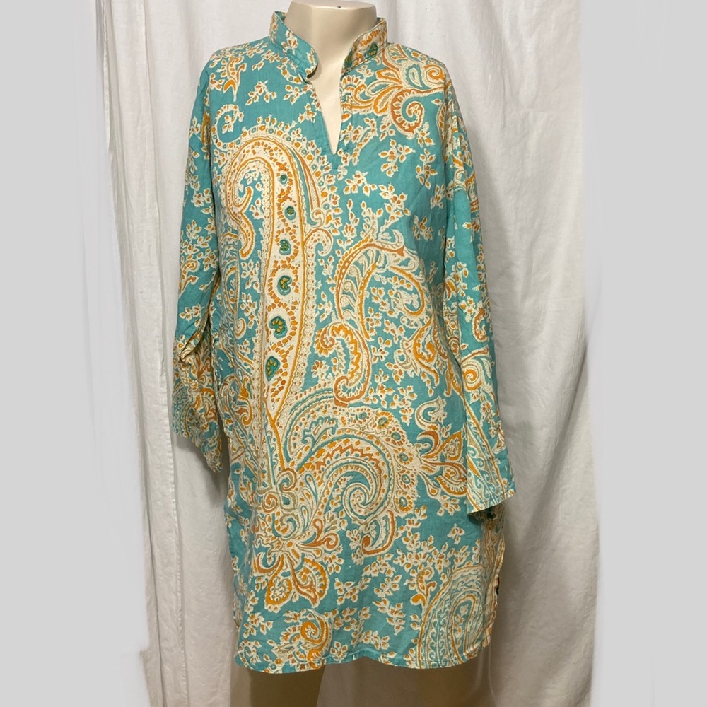 Bohemian Indian block print cotton tunic shirt medium teal blue orange white